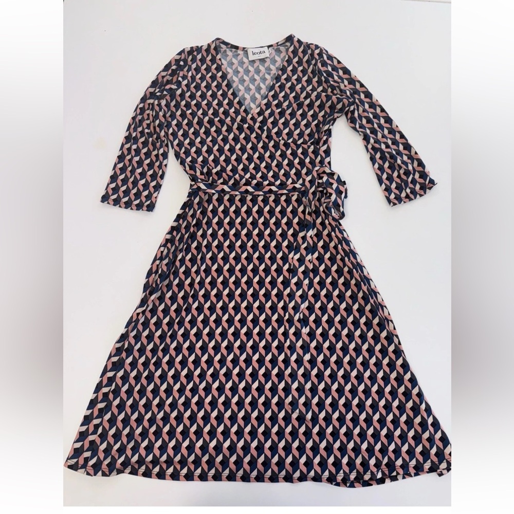 Leota Original Wrap Dress Geometric Handmade In USA navy blush Geometric Sm - Picture 2 of 10